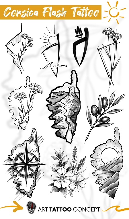 Planche de flashs tattoo sur le thème de la Corse